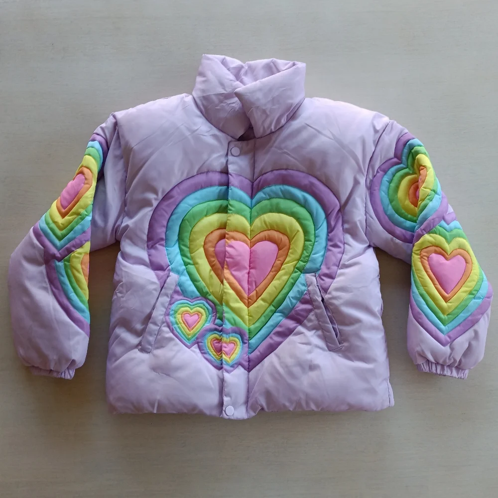 Lola + The Boys Rainbow Pastel Heart Puffer Jacket / Size 8 - Picture 1 of 17